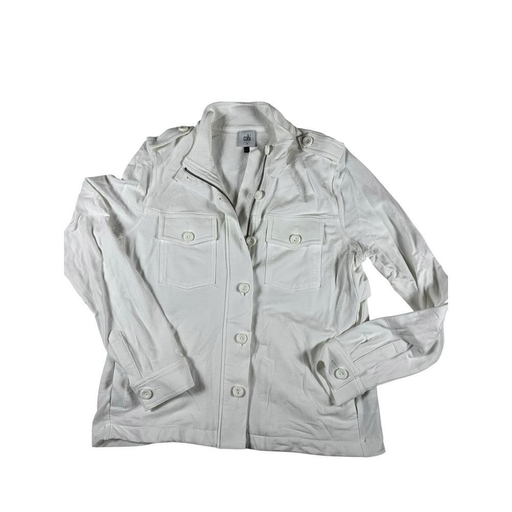 CAbi White Utility Jacket Small Button Zip Front Military Style Stretch 5856